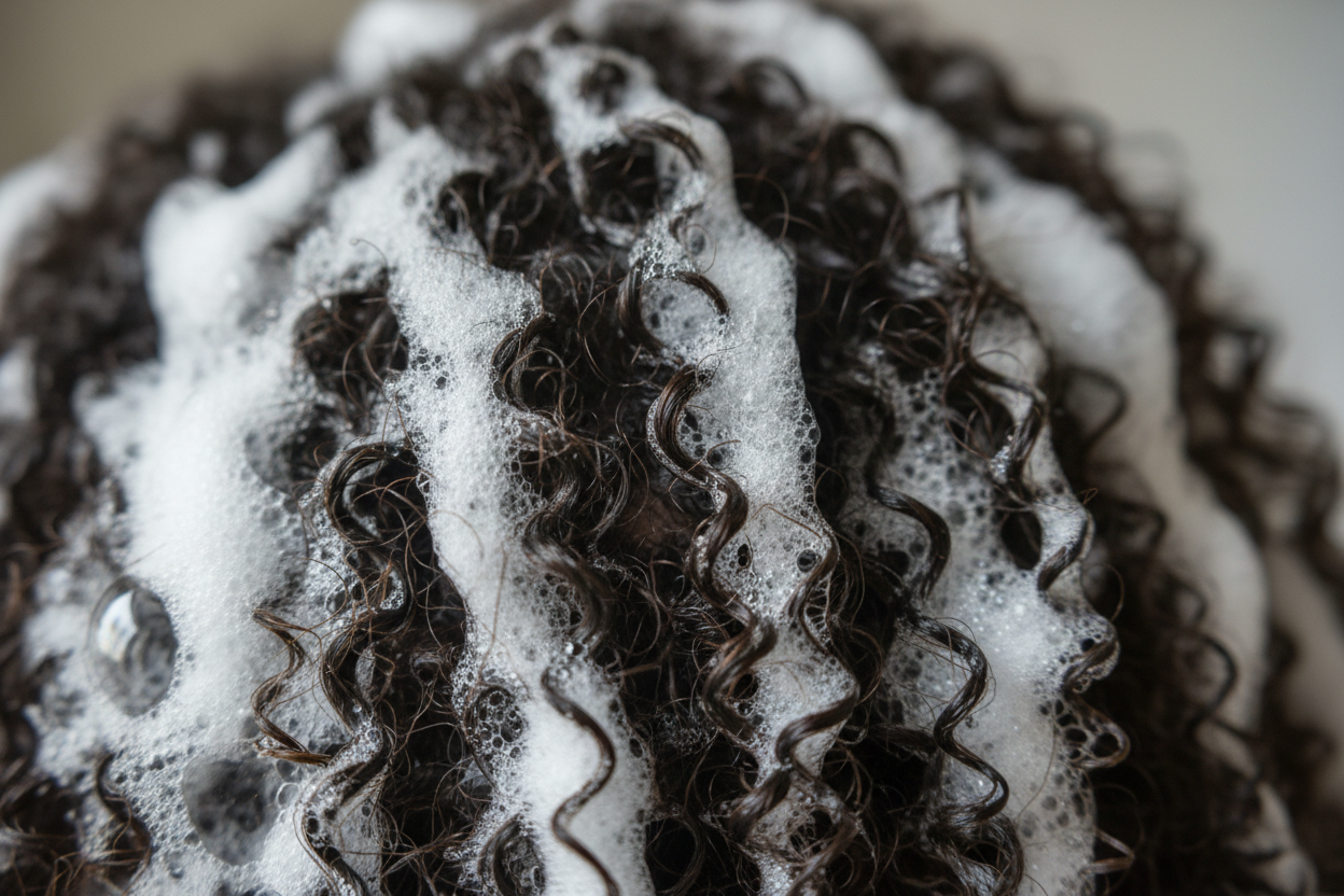 close of up mixed curly fro hair with shampoo in it