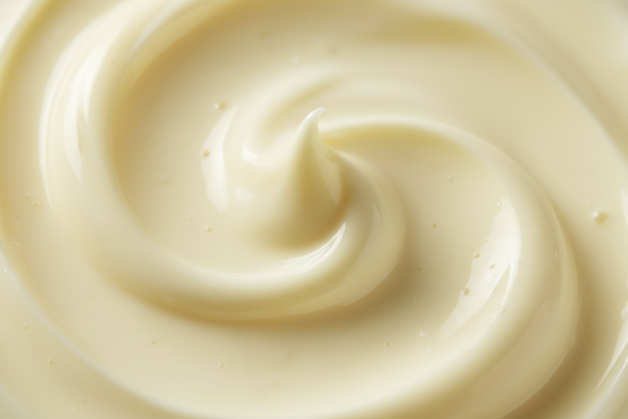 close up of cream conditioner liquid with a slight yellow tint