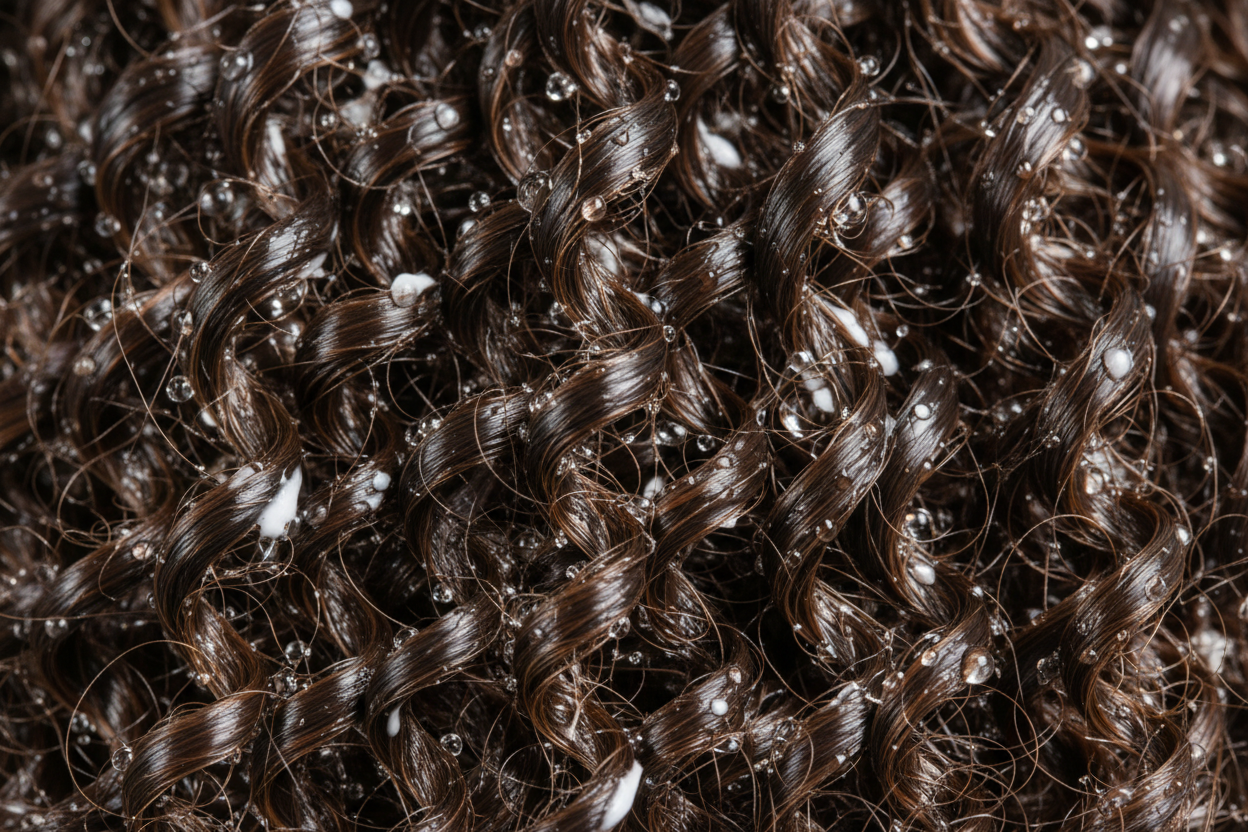 Close-up of kinky hair drenched in water and conditioner