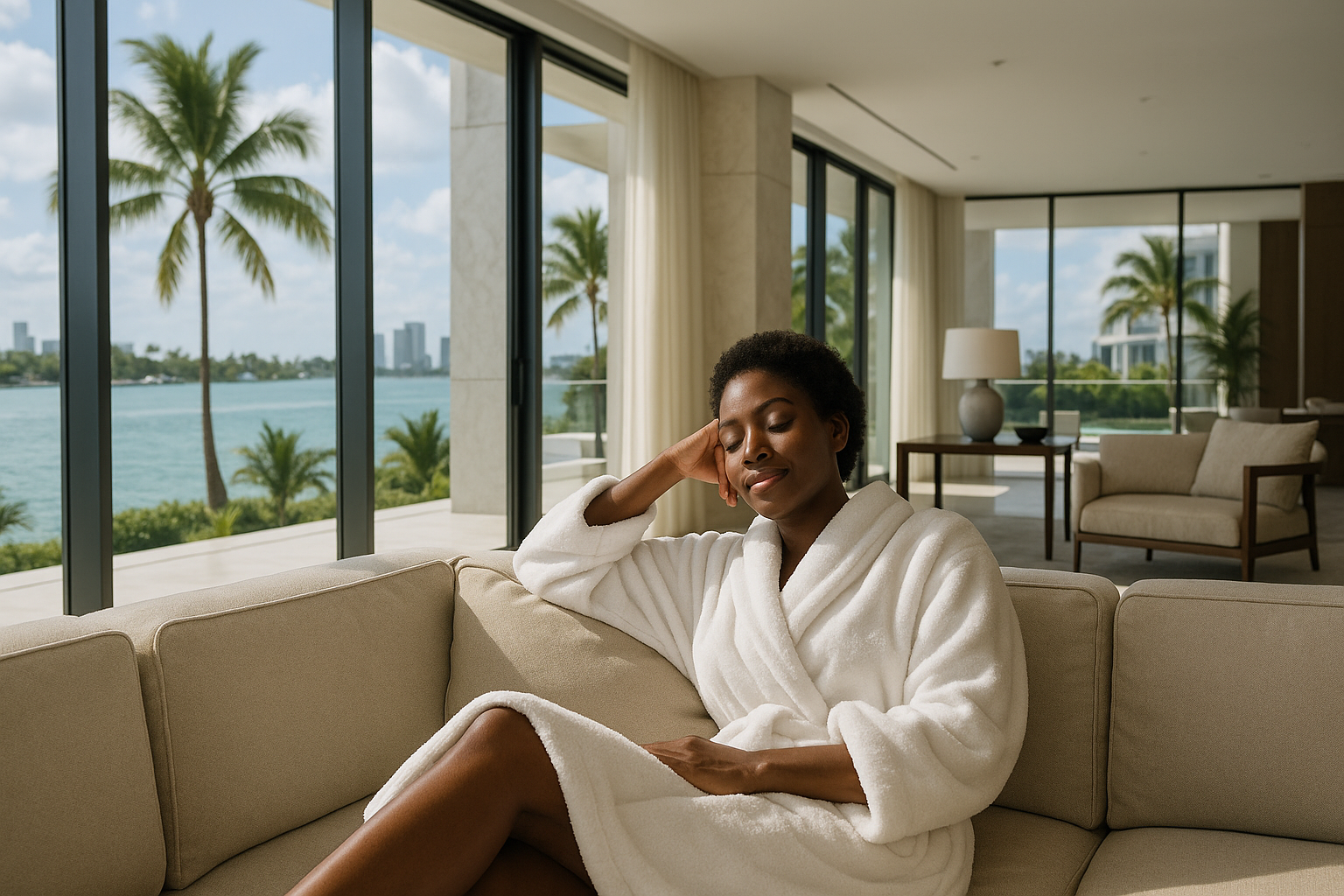 Show a black woman lounging in her think luxurious white robe. She is lounging on her sofa in her miami beach mansion. She is relaxed and calm.