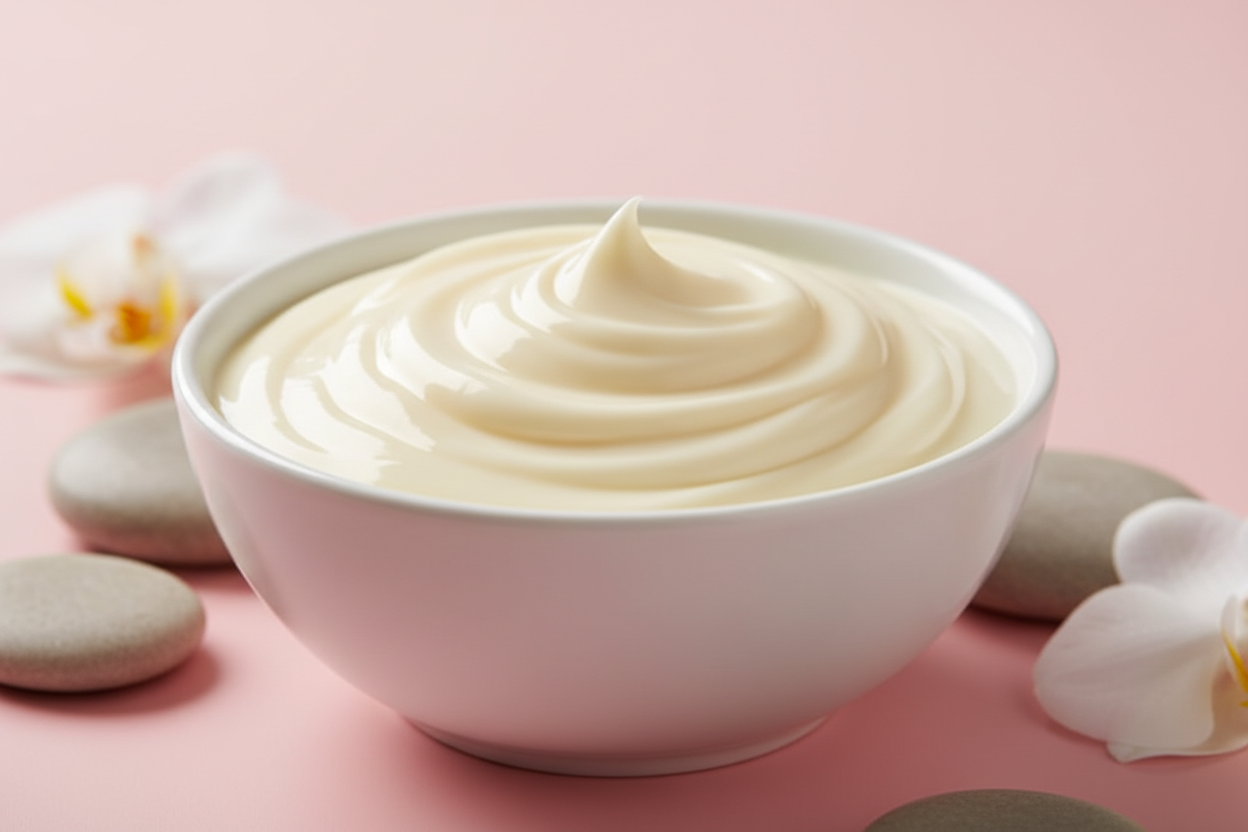 show creamy yellow conditioner in a dish on a pink gradient background