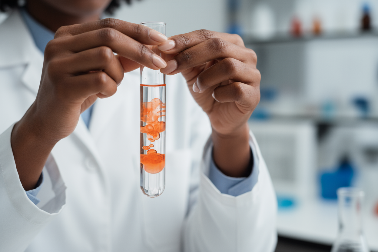 show only her hands and make it an orange liquid suspended in a clear liquid