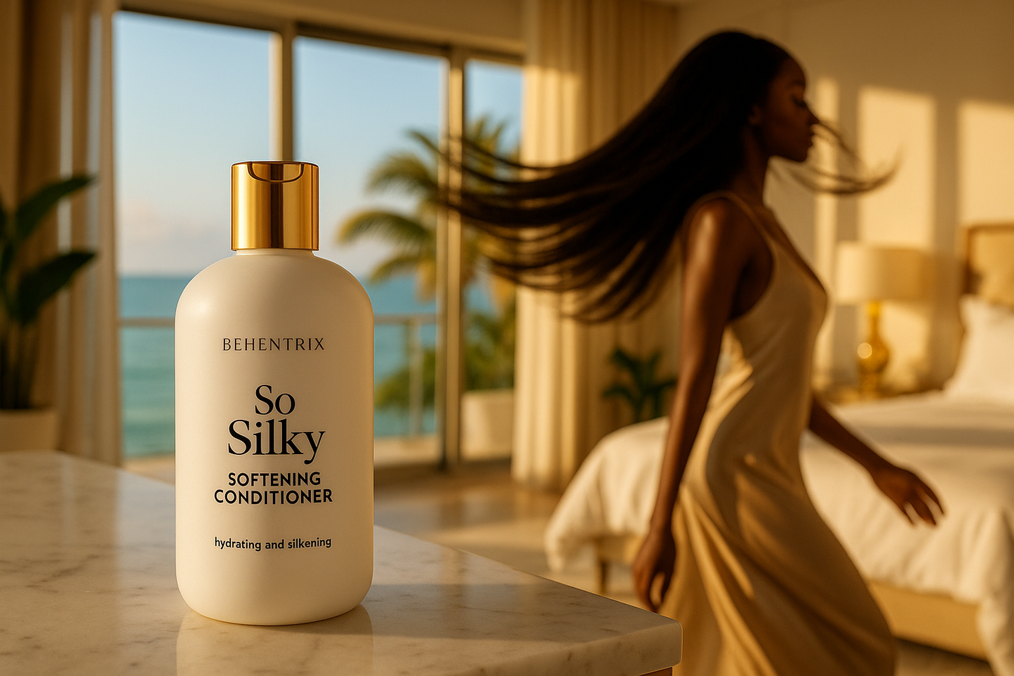 Show the bottle on a dresser in a luxury miami beach mansion bedroom and a beautiful black woman in the background doing twirls and her long straight hair spinning with her